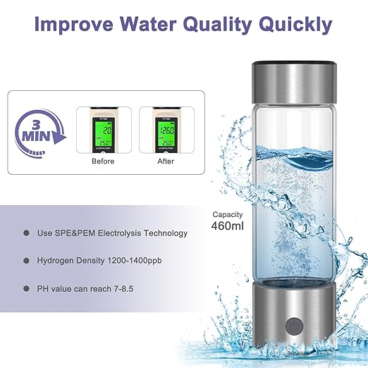 Hydrogen Water Bottle, 420ML Portable Rechargeable Hydrogen Water Ionizer, 3 Minute Rapid Electrolysis, Advanced SPE/PEM Technology, for Home, Office, Travel, Fitness, Drinking