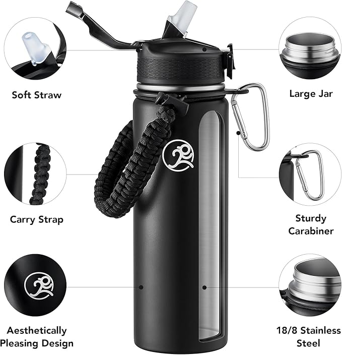 GOSWAG Insulated Sports Water Bottle, 24oz 2 Lids(with Straw/No Straw), Stainless Steel Water Bottles with Paracord Handle, Insulated Thermos with Double-Wall Vacuum Insulation