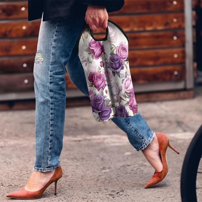 doginthehole 2 Bottle Wine Carrier Bag, Retro Purple Pink Rose Pattern Neoprene Wine Tote Bag with Handle, for Travel, Wine Tasting Party, Champagne/Beer/Drinks Carriers Bag for Wine Lover