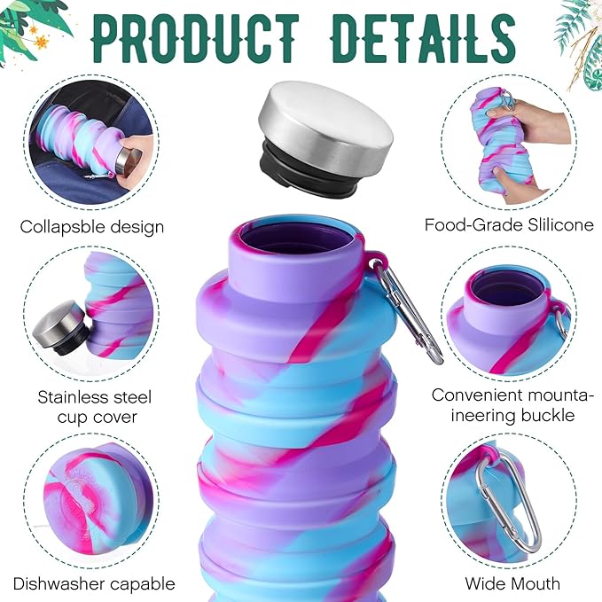 Lallisa 8 Pcs Collapsible Water Bottle Reusable Silicone Foldable Water Bottles 17 oz Portable Lightweight Sports Water Bottle with Carabiner for Gym Hiking Camping Travel (Mixed Colors)