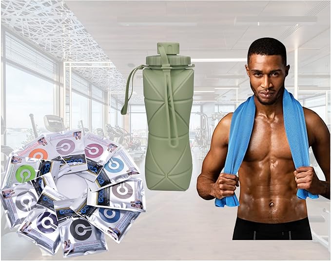 Gift for Father Day and Graduation, New Portable Silicone Collapsible Water bottle with Cooling Towel for Traveling and Outdoor Sports,600ml BPA Free Water Bottle,Summer Essentials (Green)