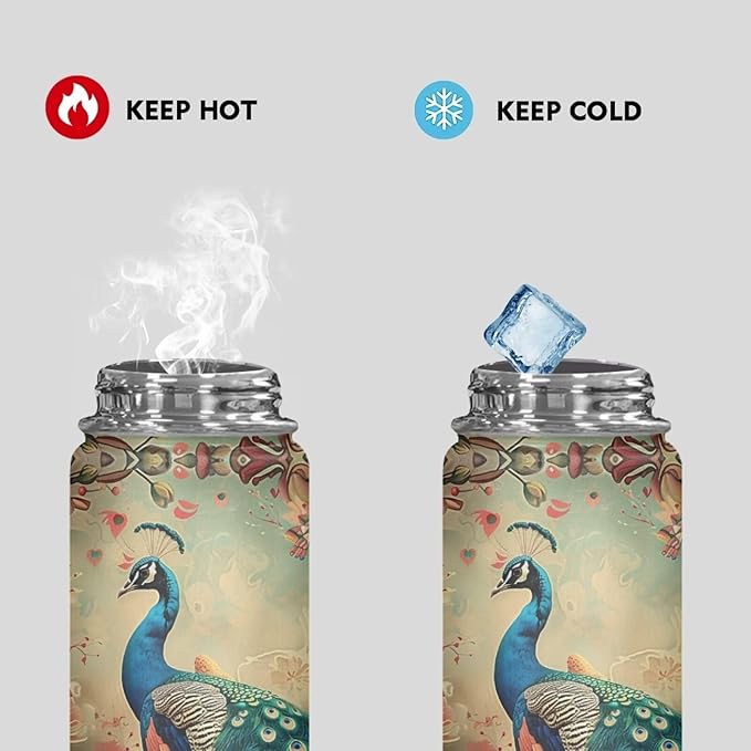 Peacocks Insulated Water Bottle 20 Oz Stainless Steel Leak Proof Vacuum Lightweight Keeps Cold and Hot Great for Travel Hiking Biking Running