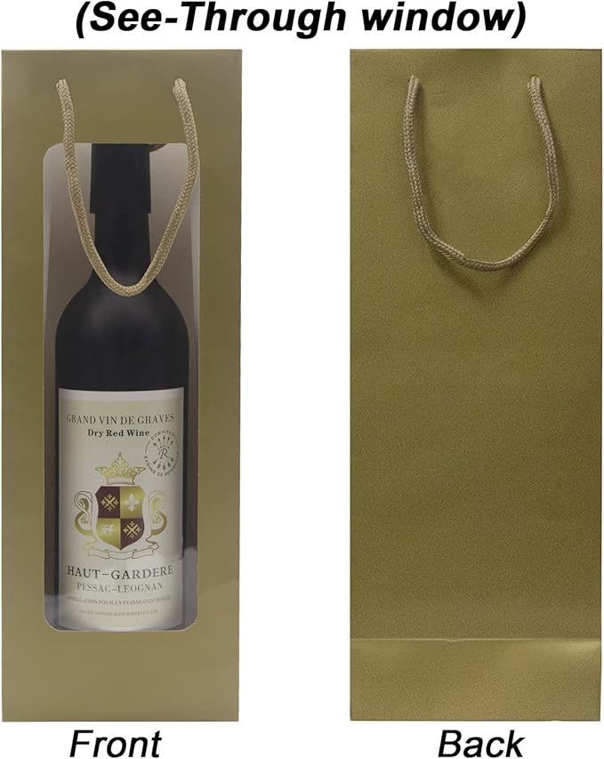 WAKAKO 12 Pcs Wine Gift Bags for Wine Bottles, Reusable Clear Window Wine Bottle Bags Bulk with Handles for Weddings, Valentine's Day, Birthday, Party, Graduations, Thanksgiving (gold)