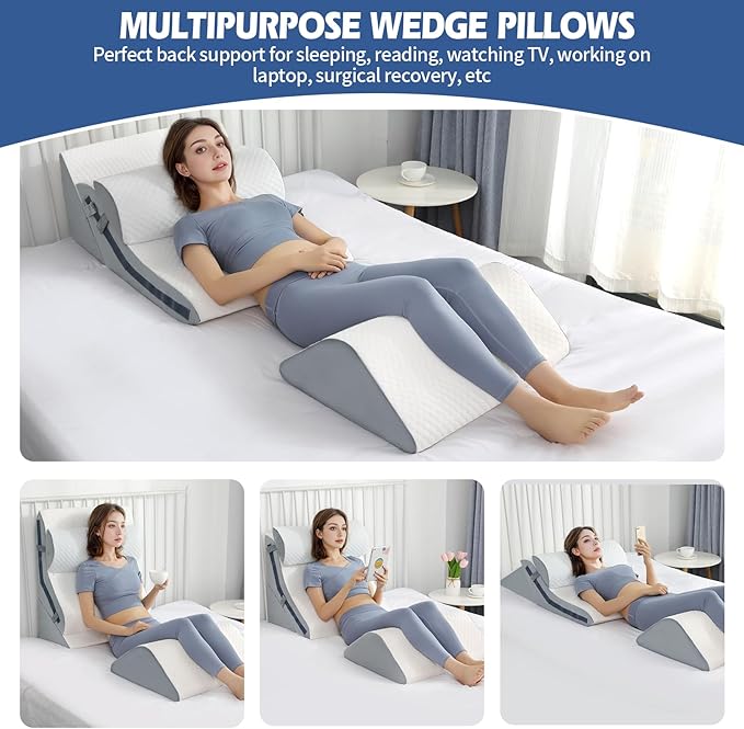 4Pcs Orthopedic Bed Wedge Pillow Set with 4Pcs Replacement Pillowcase, Incline Wedge Pillow for Back Pain Relief/Sleeping/Snoring/Post Surgery/Leg Elevation 20-in-1 Adjustable Memory Foam Wedge Pillow