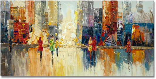 Canvas Wall Art Abstract Cityscape Painting Modern New York City Artwork Lady Romantic Street Scenery Picture Home Office Decor
