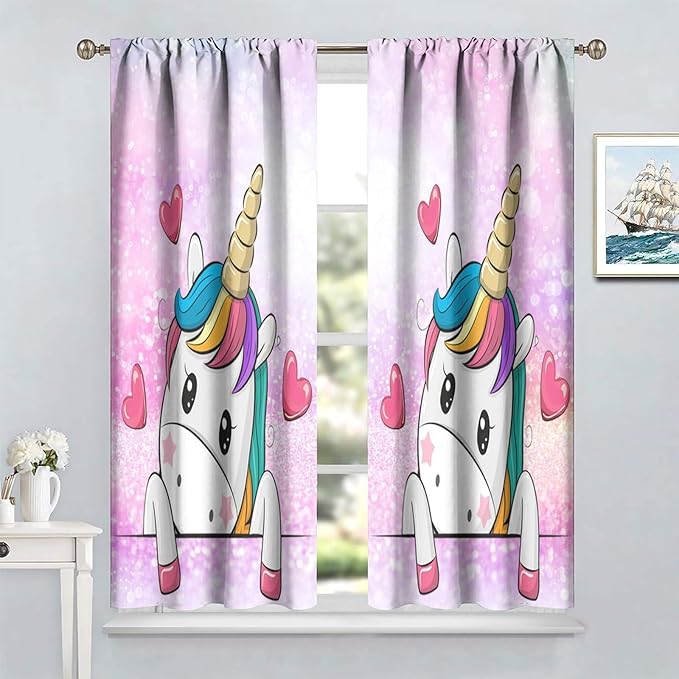 Unicorn Curtains Fantasy Star Moon Cartoon Theme Curtains Cute White Unicorn Rainbow Design Printed Curtains Boys Girls Room Curtains 42x45 Inch 2 Panels