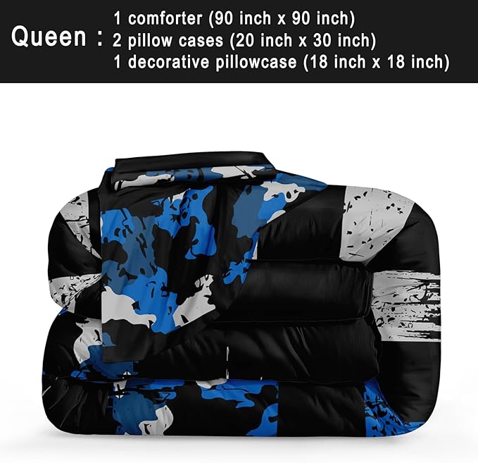 Bedbay American Flag Comforter Set Queen Teen Boys Military Bedding 4Pcs Camouflage Bedding Full Size Flag Camo Comforter Set Soft Lightweight Army Comforter Duvet Insert for All Season(Blue,Queen)