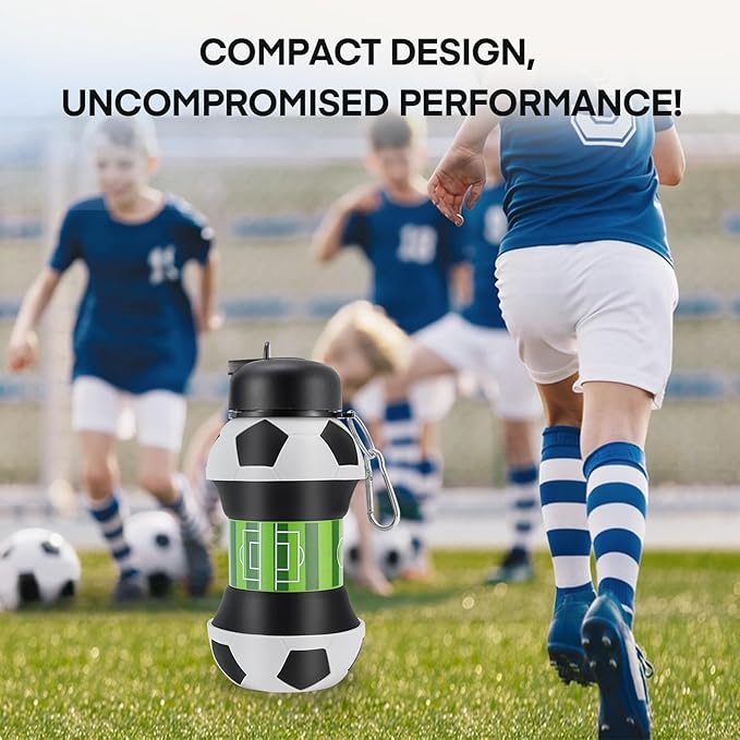 Kids Sports Collapsible Water Bottle | Ball Shaped Drinking Cup | Foldable BPA Free Leakproof Lightweight Silicon Jug | School Lunch Mug Team Gift Travel (Soccer 550ml/18.6oz)