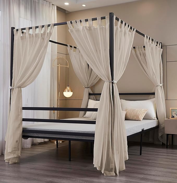 Mengersi Linen Canopy Bed Curtains for Twin,Full,Queen and King Size Bed,Bed Canopy Natural Blended Curtain Panels, 8 Panels Set (All Bed Sizes, Linen)