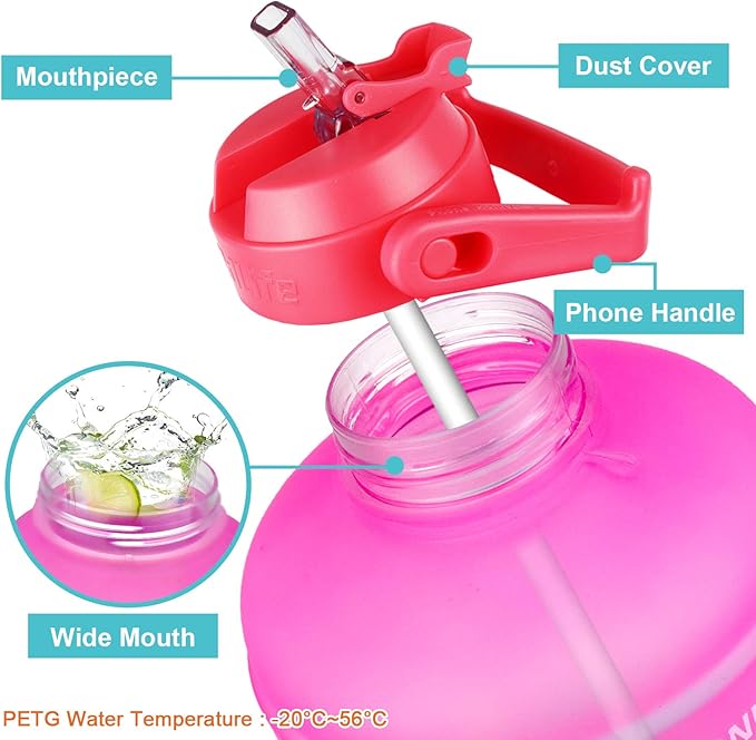 QuiFit Half Gallon Water Bottle - with Straw & Motivational Time Marker Leak-Proof BPA Free Reusable Gym Sports Outdoor Large(73OZ) Capacity Water Jug(Pink/Blue Gradient,Half Gallon)