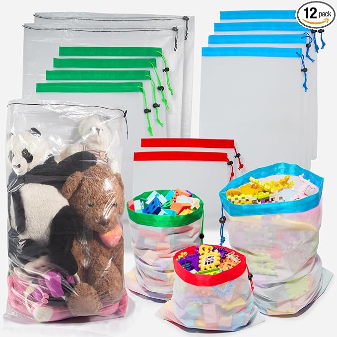 Toy Storage Bags, 10Pcs Reusable Mesh Bags and 2Pcs Large Clear Toy Storage Bags with Drawstring, Toy Organizer Bags for Kids Puzzle Building Blocks Balls and Dolls, Produce Bags for Fruits, Vegetable