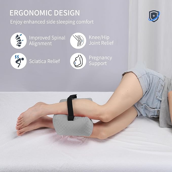 Knee Pillow for Side Sleepers - Leg Support Pillow for Sciatica Relief, Hip and Back Pain Alleviation, Spine Alignment with Adjustable Strap (Grey-Checker)