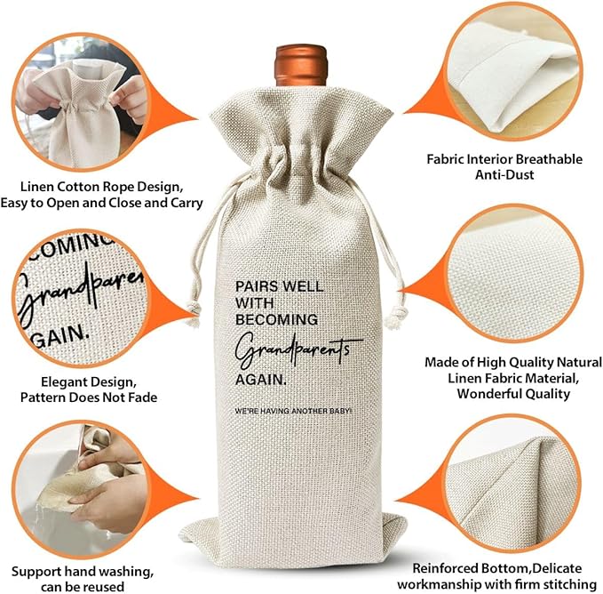 Grandparents Gifts Wine Bag, Bags Gift For New Grandpa Grandma Grandparents Aunt Uncle Baby Announcement Wine Gift, Baby Announcement Cotton Burlap Wine Bag