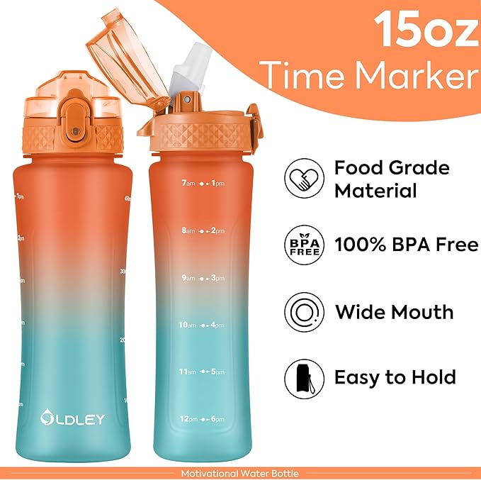 OLDLEY Kids Water Bottle for School with Straw Chug Lid, 15 oz Unbreakable Leak-Proof BPA-Free Motivational Water Bottles with Time Marker for Travel Sports Gym, 2 Lids, Orange/Green