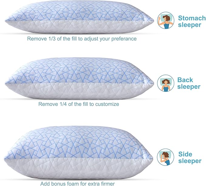 Pillows Standard Size - Adjustable Firm Pillow for Back Stomach and Side Sleeper - Shredded Memory Foam Cooling Pillow for Neck and Shoulder Pain with Washable Cover and Bonus Foam Fill