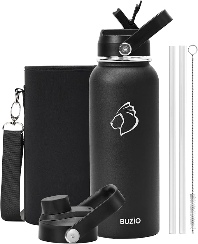 BUZIO 40oz Insulated Water Bottle, Stainless Steel Water Flask with Straw Lid and carrying pouch, Keep Cold 48h Leak Proof Double Wall Vacuum Travel Mug Metal Canteen for Gym Camp Beach, Black