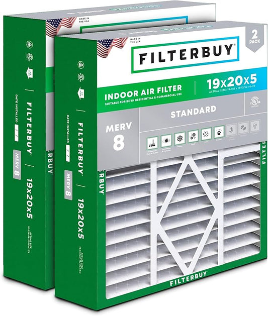 Filterbuy 19x20x5 Air Filter MERV 8 Dust Defense (2-Pack), Pleated HVAC AC Furnace Air Filters for Bryant/Carrier, BDP, Day & Night, and Payne (Actual Size: 19.06 x 19.81 x 4.25 Inches)