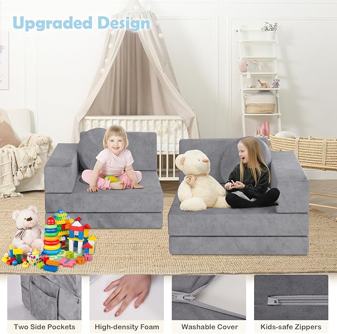 Kids Couch, 12PCS Modular Kids Play Couch with Blanket, Kids Sofa Couch for Playroom & Indoor, Convertible Toddler Couch for Girls and Boys