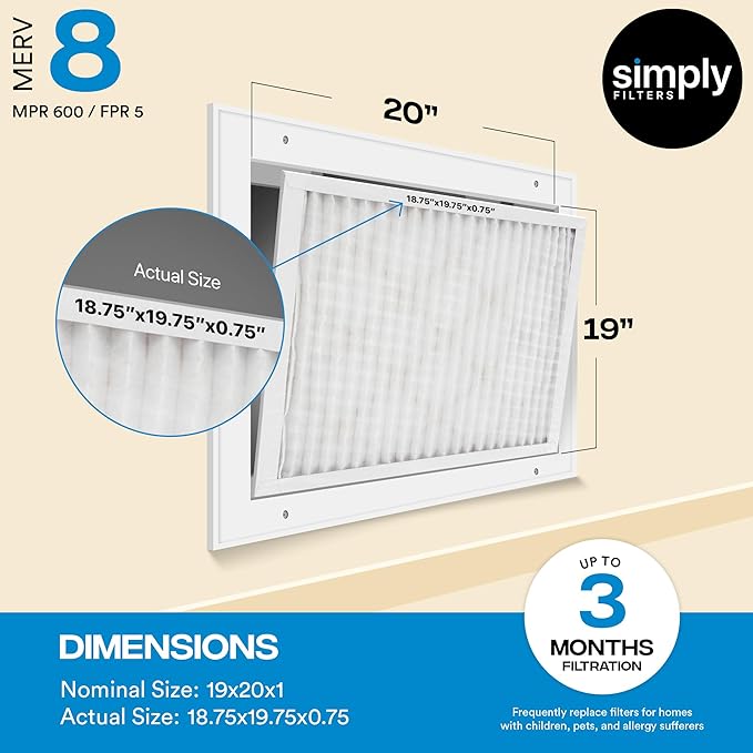 Simply 19x20x1 Air Filter, Merv 8, MPR 600, 6 Pack, For Home AC Furnace & HVAC (Actual Size: 18.75"x19.75"x0.75") DUST, Pet, & Allergy Control