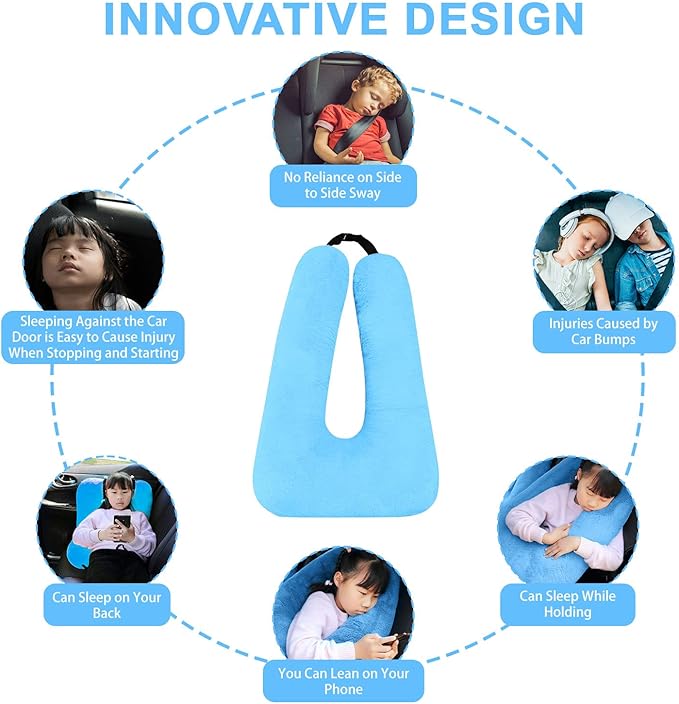 Travel Pillow, Travel Pillow for Kids, Sleeper Hold Pillow Travel, Removable U-Shaped Pillow for Adults and Children to Support Head and Body in The Back Seat of Long Car Trips (Blue)
