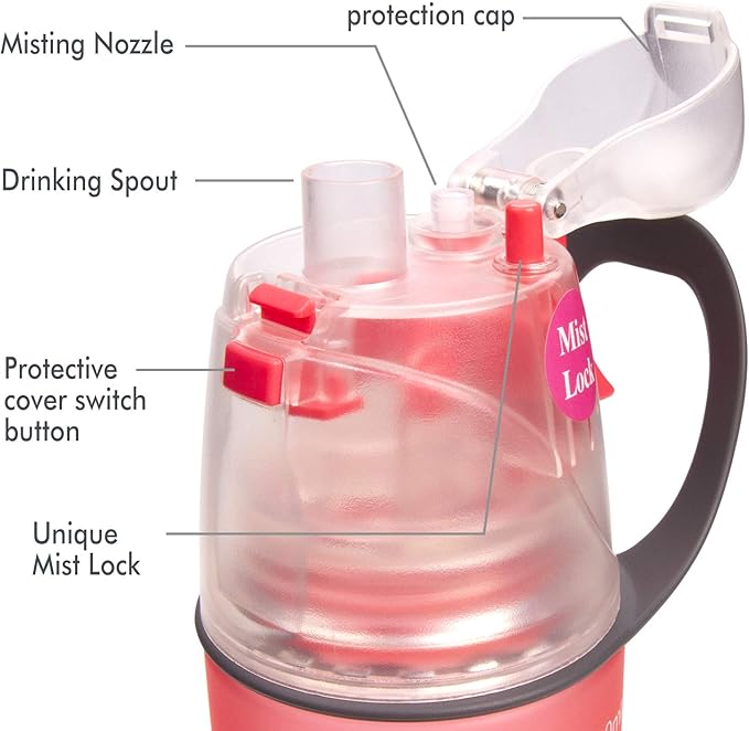 Misting Water Bottle, Spray Mist Sports Bottle for Outdoor Sport Hydration and Cooling Down, BPA-Free Misting Water Bottle with Unique Mist Lock Design (Pink-16oz)