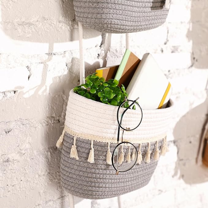 Over The Door Hanging Basket Boho Woven Wall Hanging Baskets 3-Tier Cotton Wall Mounted Storage Organizer Bag Macrame Decorative Hanging Baskets for Kitchen Laundry Room Stairs(Gray, White)