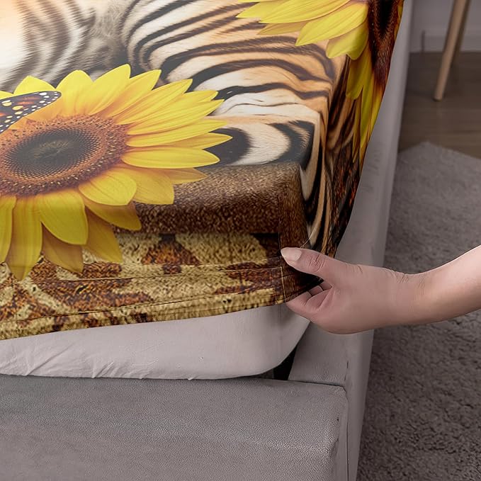 AILONEN Tiger Fitted Sheet Set Full Size, Vintage Retro Boho Bed Sheet Set Sunflower Butterfly Sheet Set,3 Pieces Printed Teen Boys Tiger Fitted Sheet with 2 Pillowcases