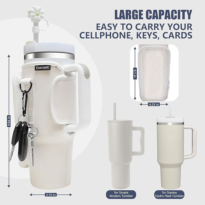 Water Bottle Carrier Bag for Stanley Cup Accessories, for Stanley Tumbler 40 Oz with Handle Holder Bag with Strap Neoprene Bollus with Straw, Straw Cover, Carabiner (Off White)