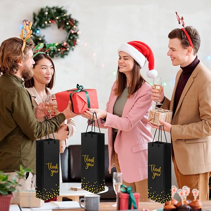 Ssyuysto 12 Pcs Wine Gift Bags for Wine Bottles Elegant Thank You Wine Gift Bags with Metallic Gold Foil Print Kraft Wine Gift Bags with Attractive Rope Handles for Wedding Bottle (Black)