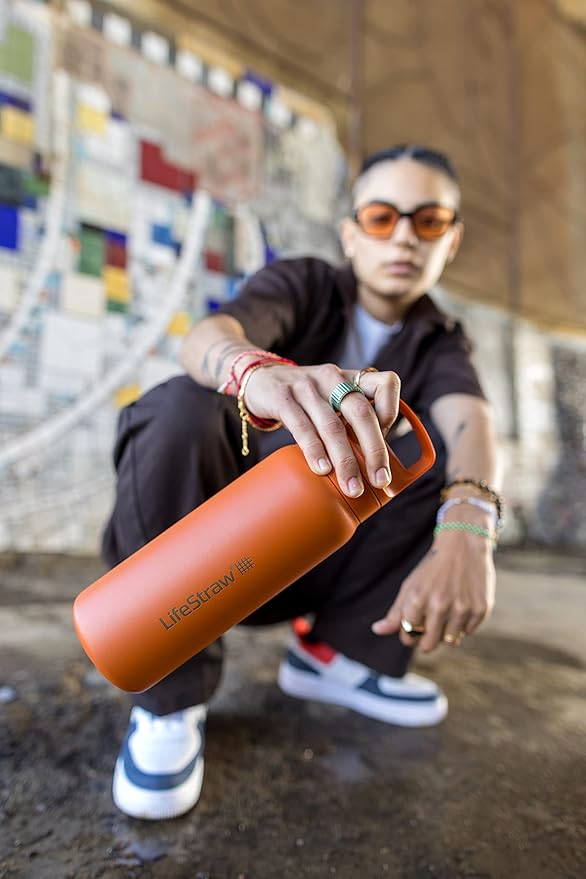 LifeStraw Go Series – Insulated Stainless Steel Water Filter Bottle for Travel and Everyday use removes Bacteria, parasites and microplastics, Improves Taste, 24oz Kyoto Orange