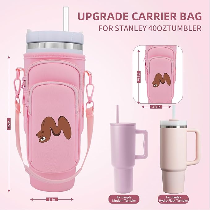 Water Bottle Carrier Bag for Stanley Cup Accessories, for Stanley Tumbler 40 Oz with Handle Holder Bag with Strap Neoprene Bollus with Straw, Straw Cover, Carabiner (Off White)