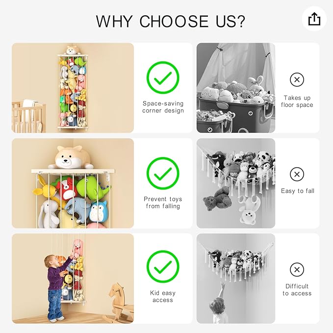 Stuffed Animal Storage Toy Organizer - Corner Stuff Animal Holder for Kids with Light - Wall r Plush Toys Holder with Length Adjustable for Nursery Playroom Bedroom (Ivory)