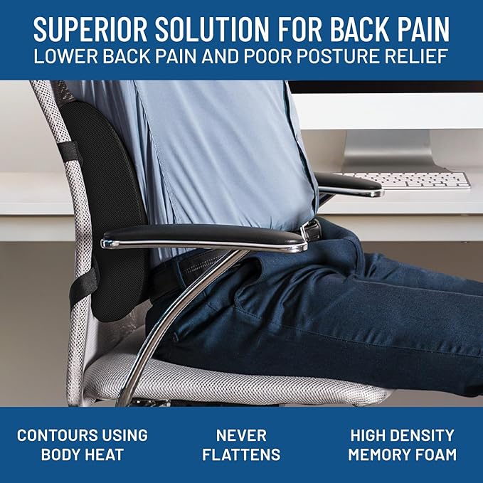 Everlasting Comfort Lumbar Support Pillow for Office Chair - Memory Foam Back Cushion for Chair, Car, Couch - Lumbar Pillow Promotes Better Posture, Back Pain Relief - Gaming and Desk Chairs - 2 Pack