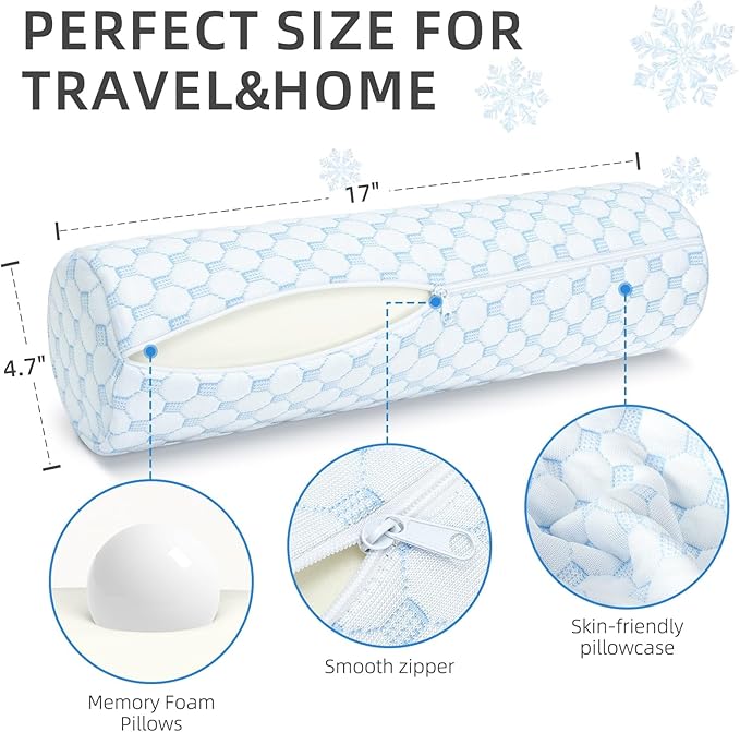 Cervical Neck Pillow Cooling Roll Memory Foam Support Round Pillows for Pain Relief Sleeping, Bed, Legs, Back and Yoga 17 x 4.5 Inches