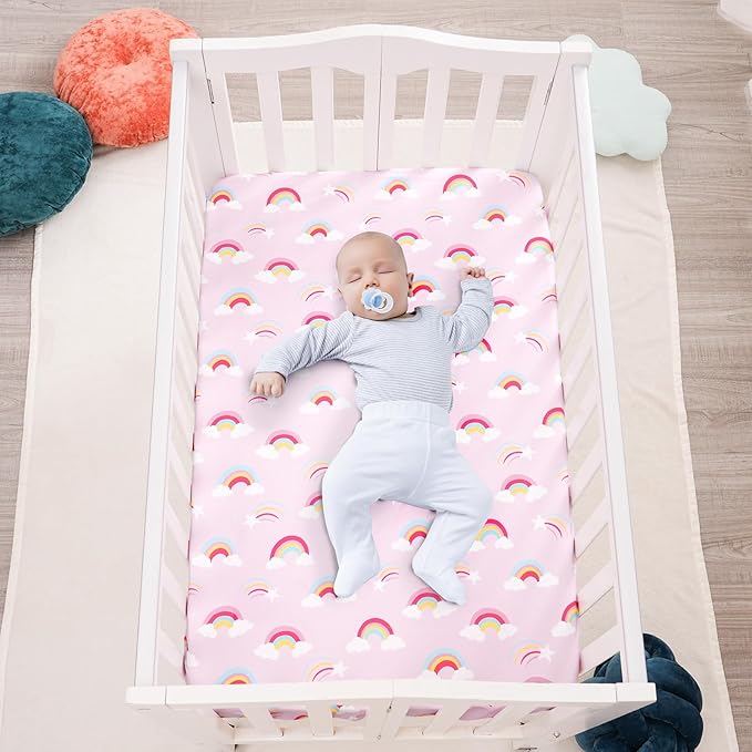 3 Pack Mini Crib Sheets, Premium Pack N Play Sheets for Boys Girls Neutral, Soft Breathable Baby Sheets Fit Pack N Play, Playard and Mini Crib Mattresses, Rainbow