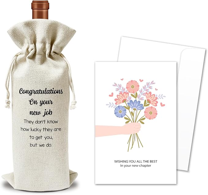 New Job Wine Gift Bags & Card, Congrats on New Job Gifts Promotion Gifts for Her Him Coworker Colleague, 1 pcs Reusable Burlap Wine Gift Bags for Wine Bottles, New Job Congratulations Party Favor -24