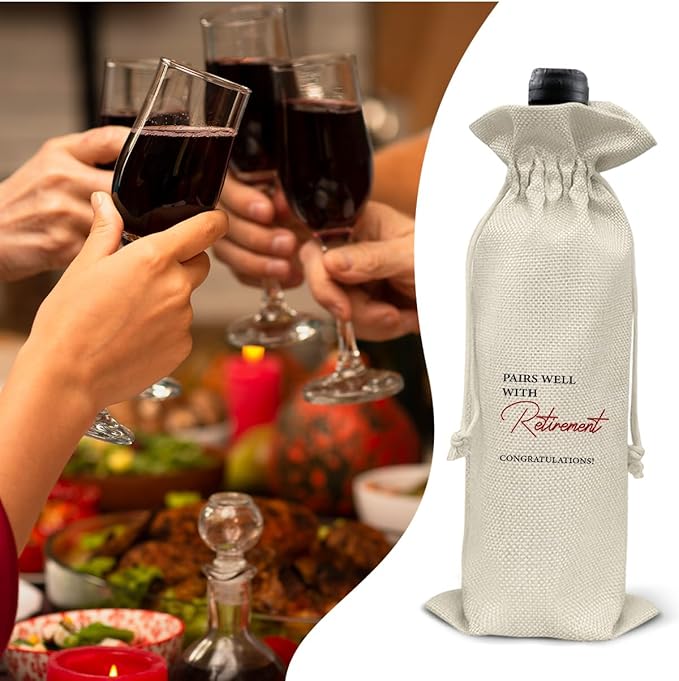 Retirement Wine Bag, Goodbye Gift for Coworkers, Retired Gift for Women Men, Going Away Gifts for Coworker Friends, Pairs Well with Retirement Wine Bag Happy Retirement Burlap Drawstring Wine Bag