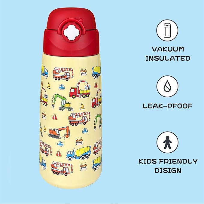 Kids Insulated Water Bottle with Covered Pop-Up Straw,16oz Kids Cups with Stainless Steel Leak Proof for School Boys Girls（Construction）