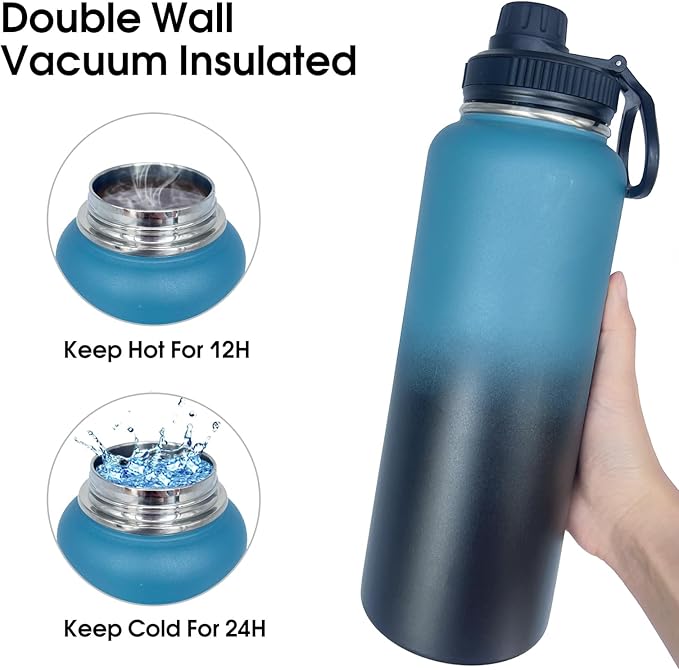 4pack 40 oz Insulated Water Bottle With Straw, Stainless Steel Sports Water Cup Flask with 2 Lids, Wide Mouth Travel Thermal Mug,Navy Black