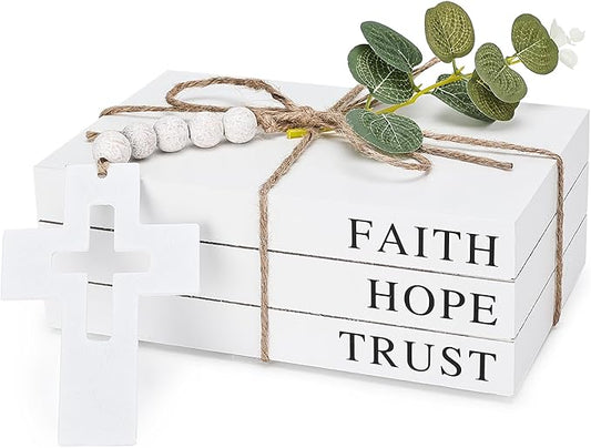 Decorative Books for Home Decor, Fake Books for Decoration, Wooden Faux Books for Decoration, Farmhouse Book Decor (Faith Hope Trust)