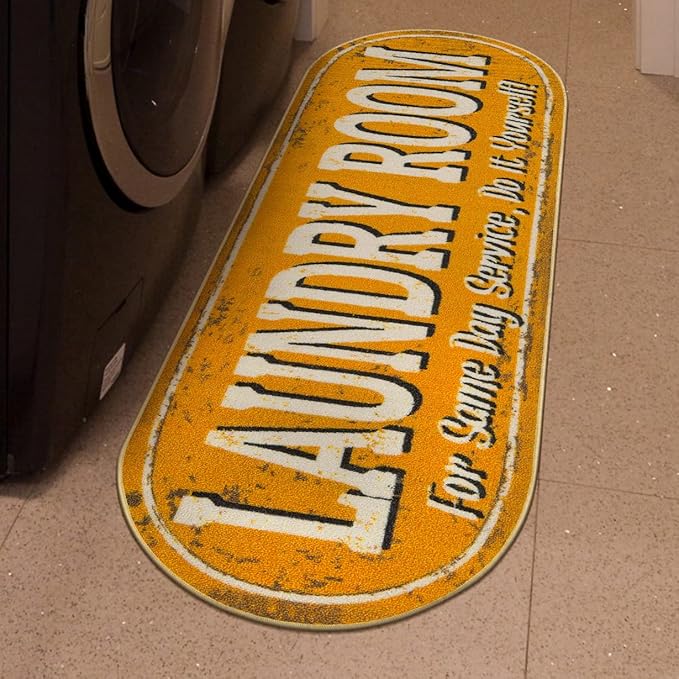 Ottomanson Laundry Collection Non-Slip Rubberback Laundry Text Design 2x5 Laundry Room Runner Rug, 20" x 59" Oval, Orange