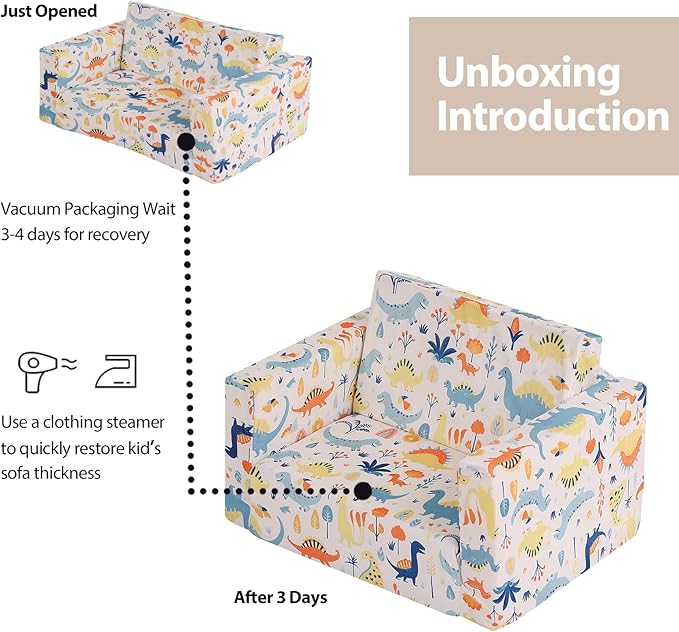 Tiita Toddler Chairs Sofa, 2-in-1 Kids Sofa Couch, Convertible Children Couch to Lounger, Flip Out Kids Sofa Chair, Toddler Armrest Chair Bed for Girl or Boy, White Dinosaur