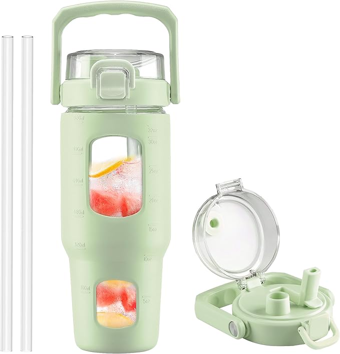 BLUEGO 32oz Glass Water Bottle with Handle and Straw|Leakproof Sports Glass Bottle with Time Marker and Silicone Sleeve|Glass Drinking Bottle for Travel, Gym, Workout, Green