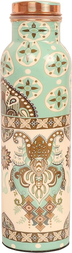 Pure Copper Water Bottle Handcrafted - Ayurveda health benefits - Large 35 oz - Leak proof, Easy to carry for Sports, Fitness, Yoga, School- Exemplary Royal Floral Patterns Sky Blue Enamel