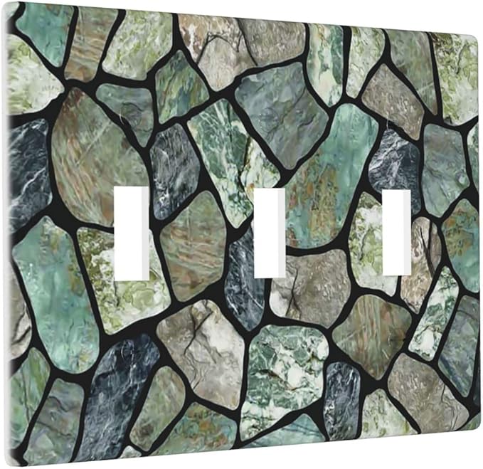 Green Stone Texture Triple Toggle Light Switch Wall Plate Cover Decorative 3-Gang for Room Bathroom Bedroom Home Kitchen Three Lightswitch Polycarbonate 4.5" x 6.38"