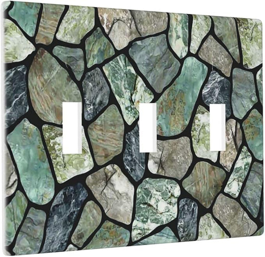 Green Stone Texture Triple Toggle Light Switch Wall Plate Cover Decorative 3-Gang for Room Bathroom Bedroom Home Kitchen Three Lightswitch Polycarbonate 4.5" x 6.38"