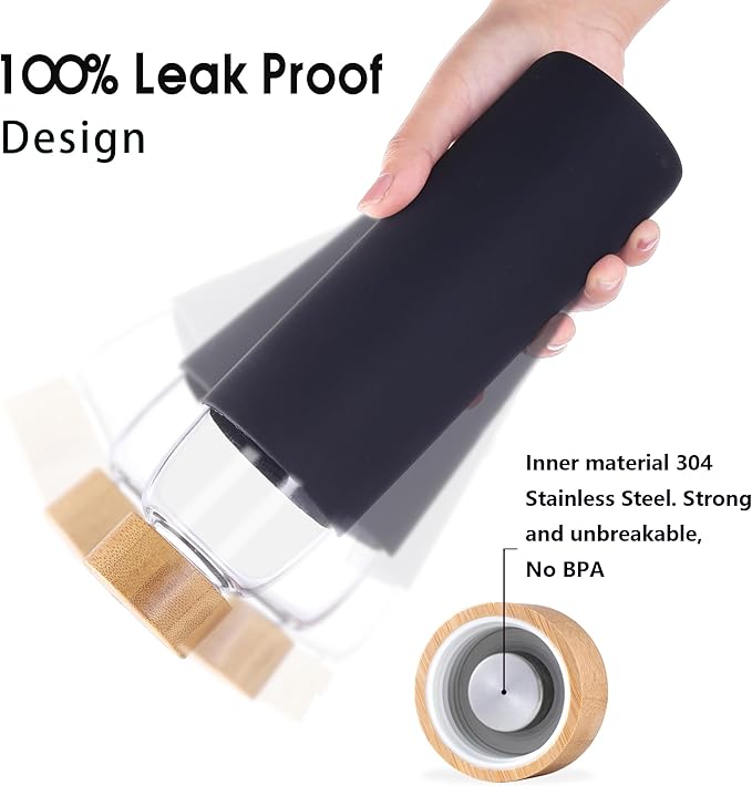 Laster Glass Water Bottle 20 Oz, 600 ml, made of Borosilicate Glass, 1 Bamboo & 1 Stainless Steel Lid, BPA Free, Non-Slip Silicone Sleeve (Black)