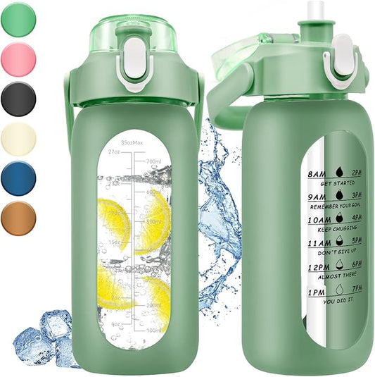 32 oz Glass Water Bottle with Time Marker - 1000ml Large Sports Motivational Water Bottles with Handle & Silicone Case, 1 Liter Leak-proof Measured Drinking Bottle for Gym Fitness Workout (Green)