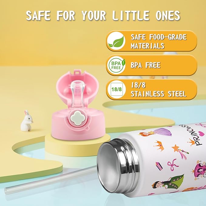 Kids Insulated Water Bottle with Covered Pop-Up Straw,16oz Kids Cups with Stainless Steel Leak Proof for School Boys Girls（4-Princess）