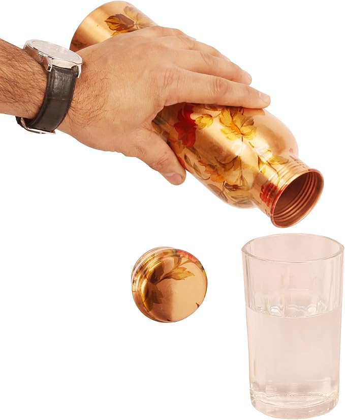 Pure Copper Water Bottle - Handcrafted - Ayurveda health benefits - Large 35 oz - Leak proof, Easy to carry for Sports, Fitness, Yoga, School - Natural Copper Finish Floral Colorful Enamel